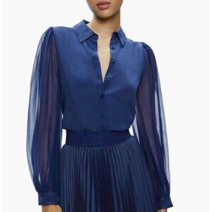 Alice and Olivia Roanne Blouson Sleeve Silk Blouse Indigo XS